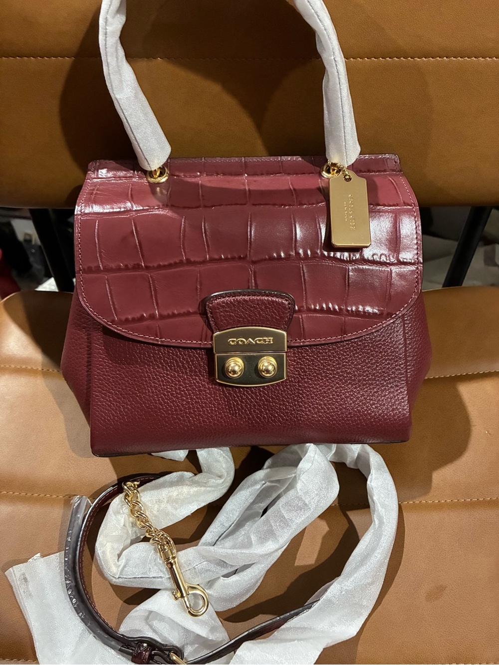 Coach Burgundy Leather Top-Handle Satchel in Croc,Pebble,Exotics Leather